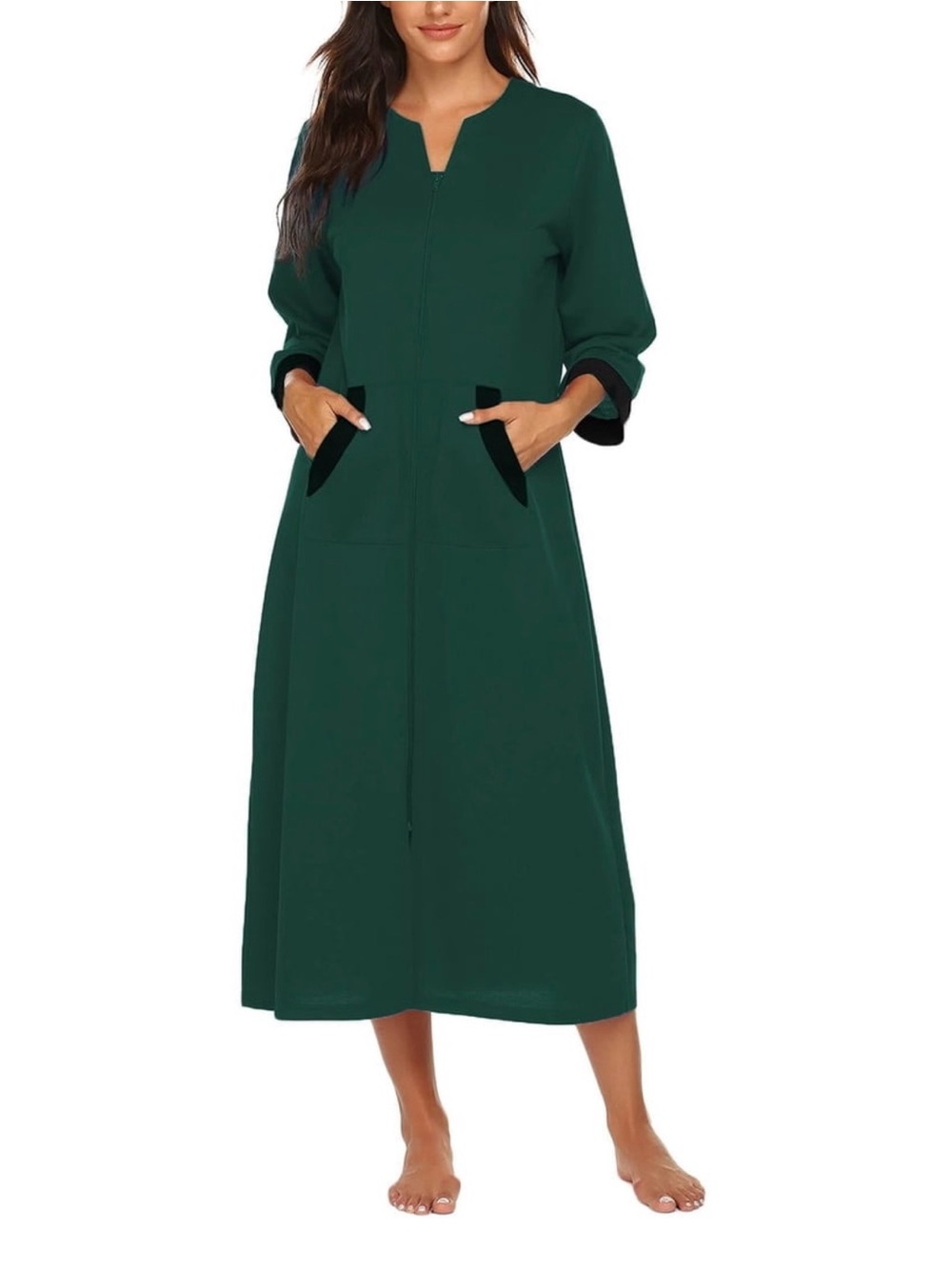 Long Sleeve Emerald Green Midi Dress with Notch Neck